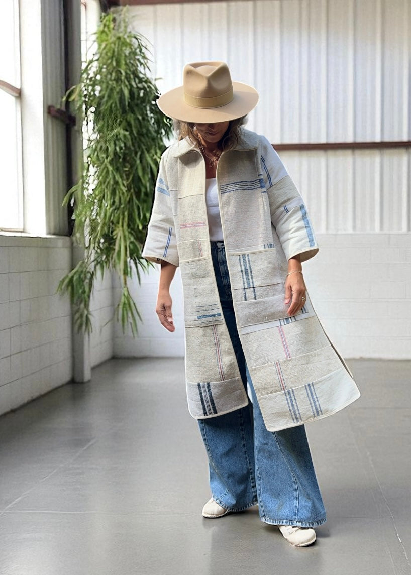Vintage Heavy Linen Patchwork Duster Coat