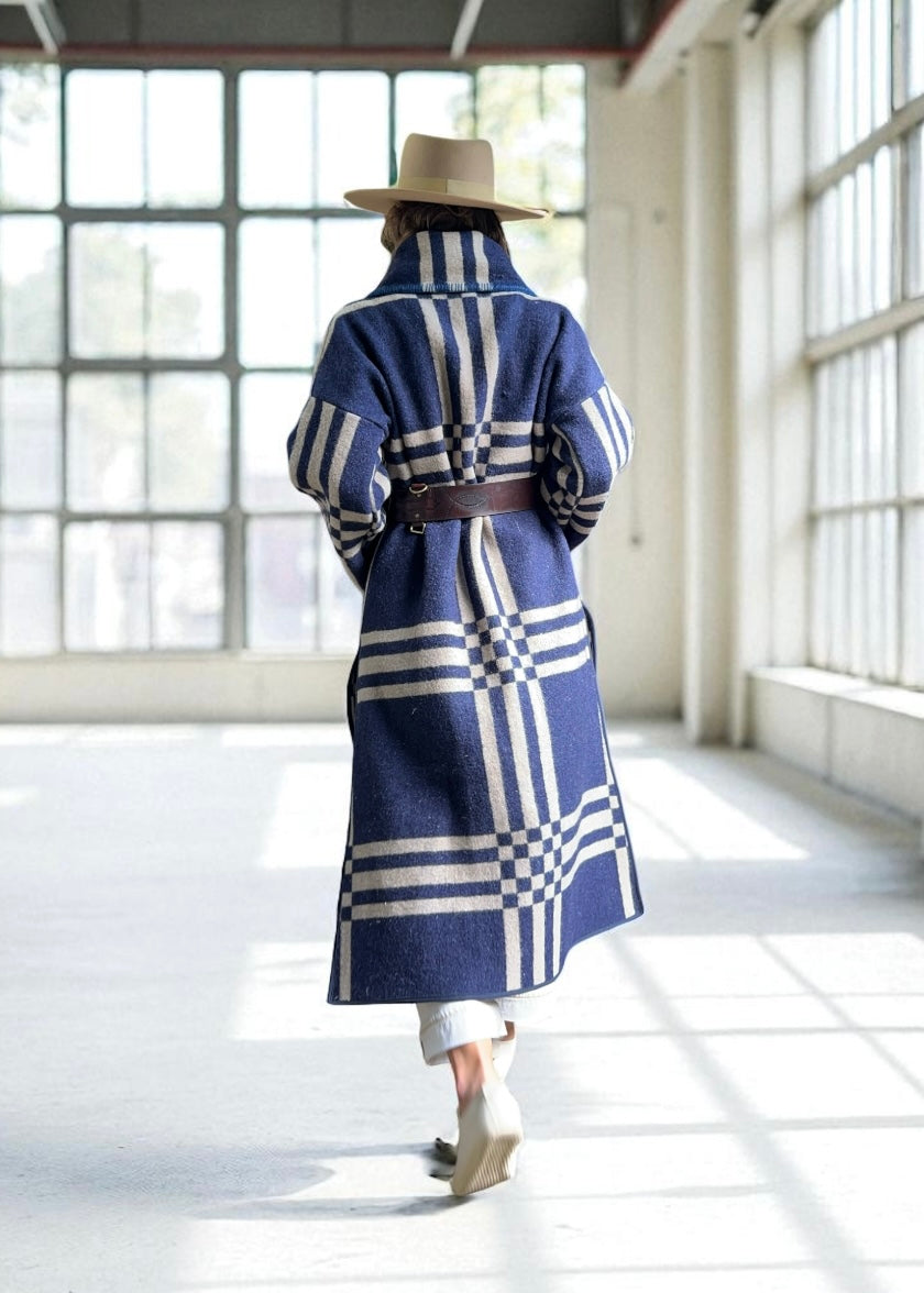 Vintage Blue Checked Blanket Duster Coat
