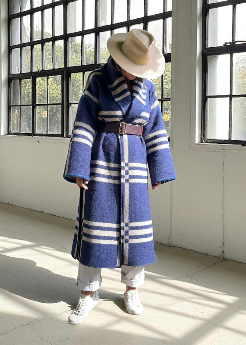 Vintage Blue Checked Blanket Duster Coat