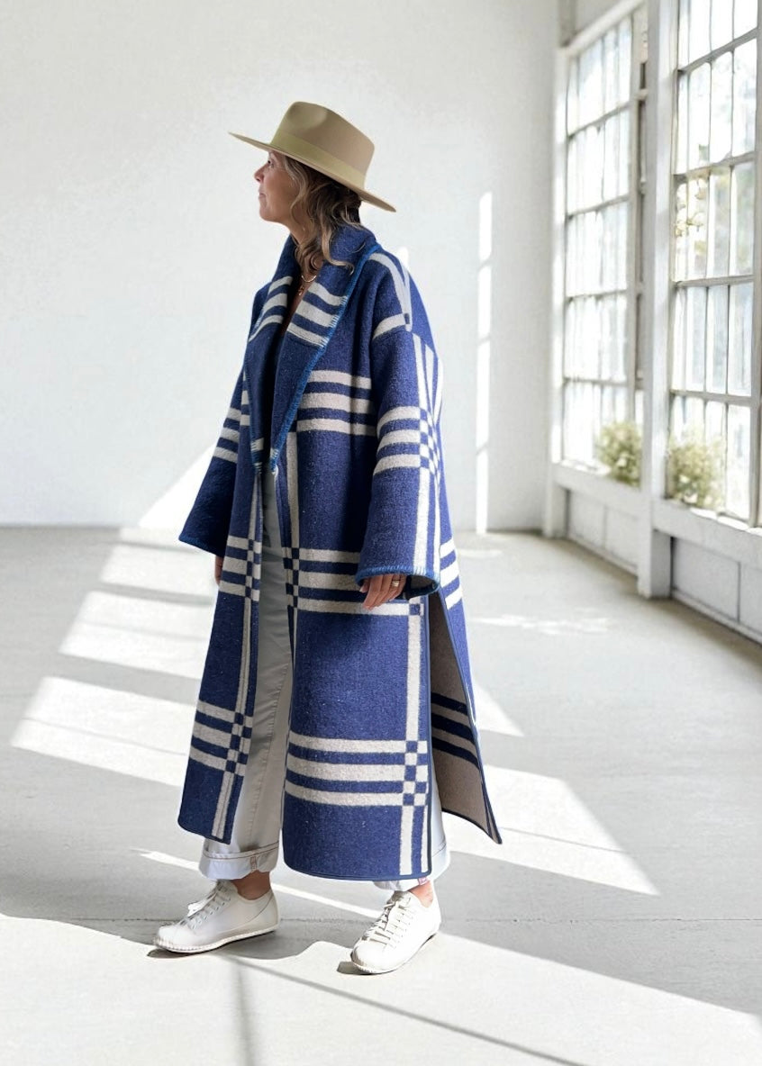 Vintage Blue Checked Blanket Duster Coat