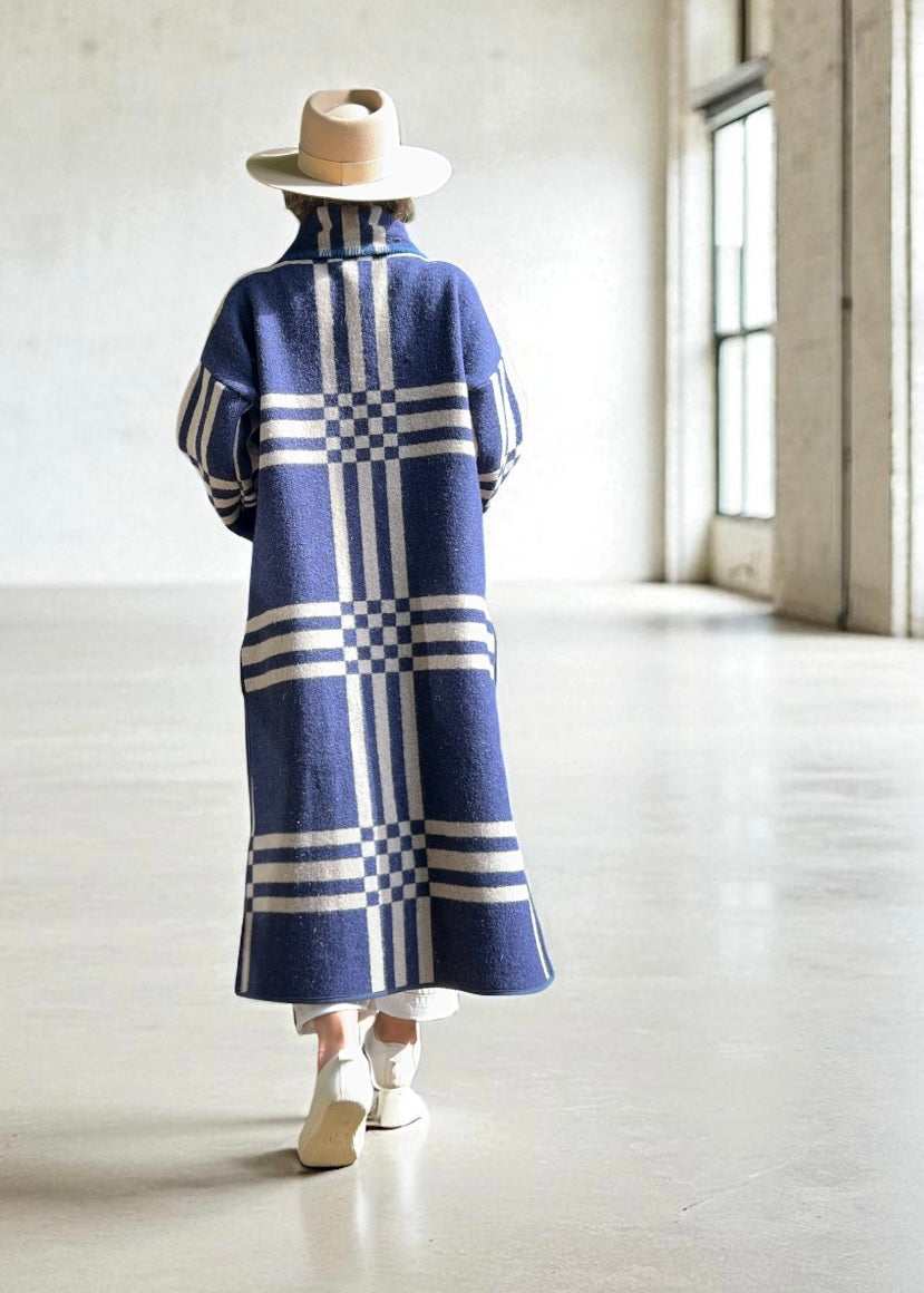 Vintage Blue Checked Blanket Duster Coat