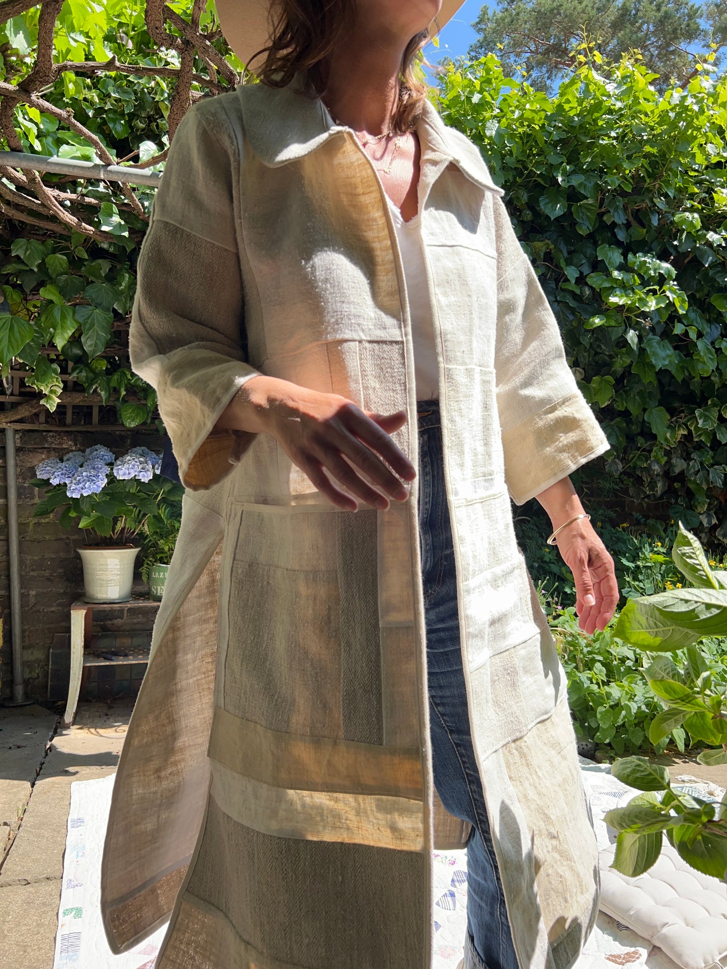Vintage Heavy Linen Patchwork Duster Coat