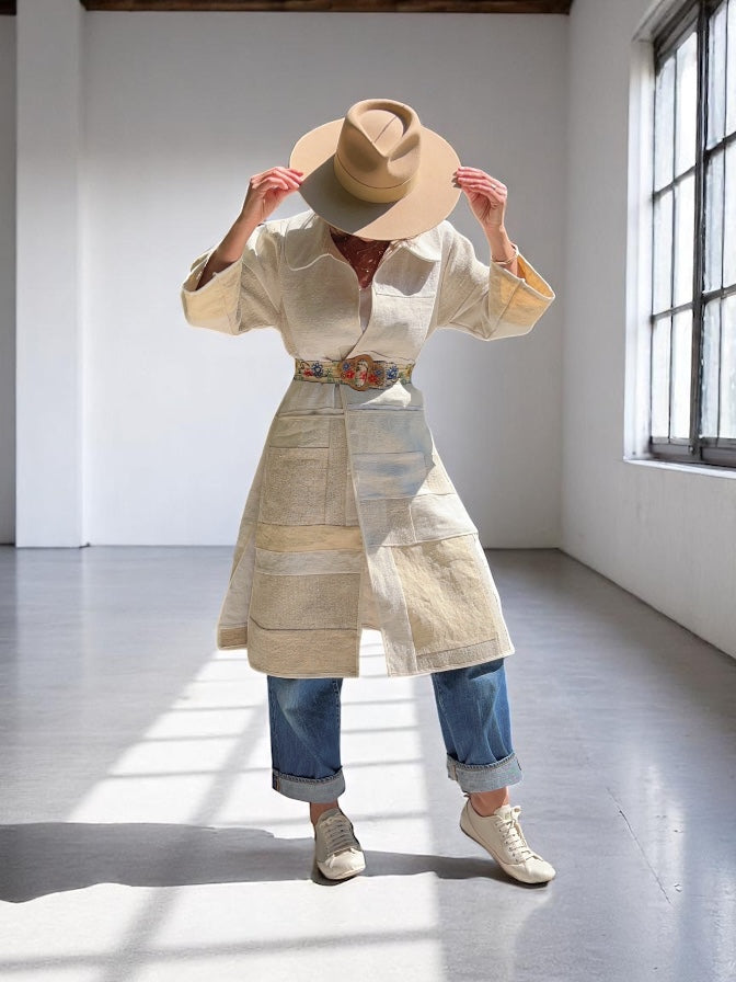 Vintage Heavy Linen Patchwork Duster Coat