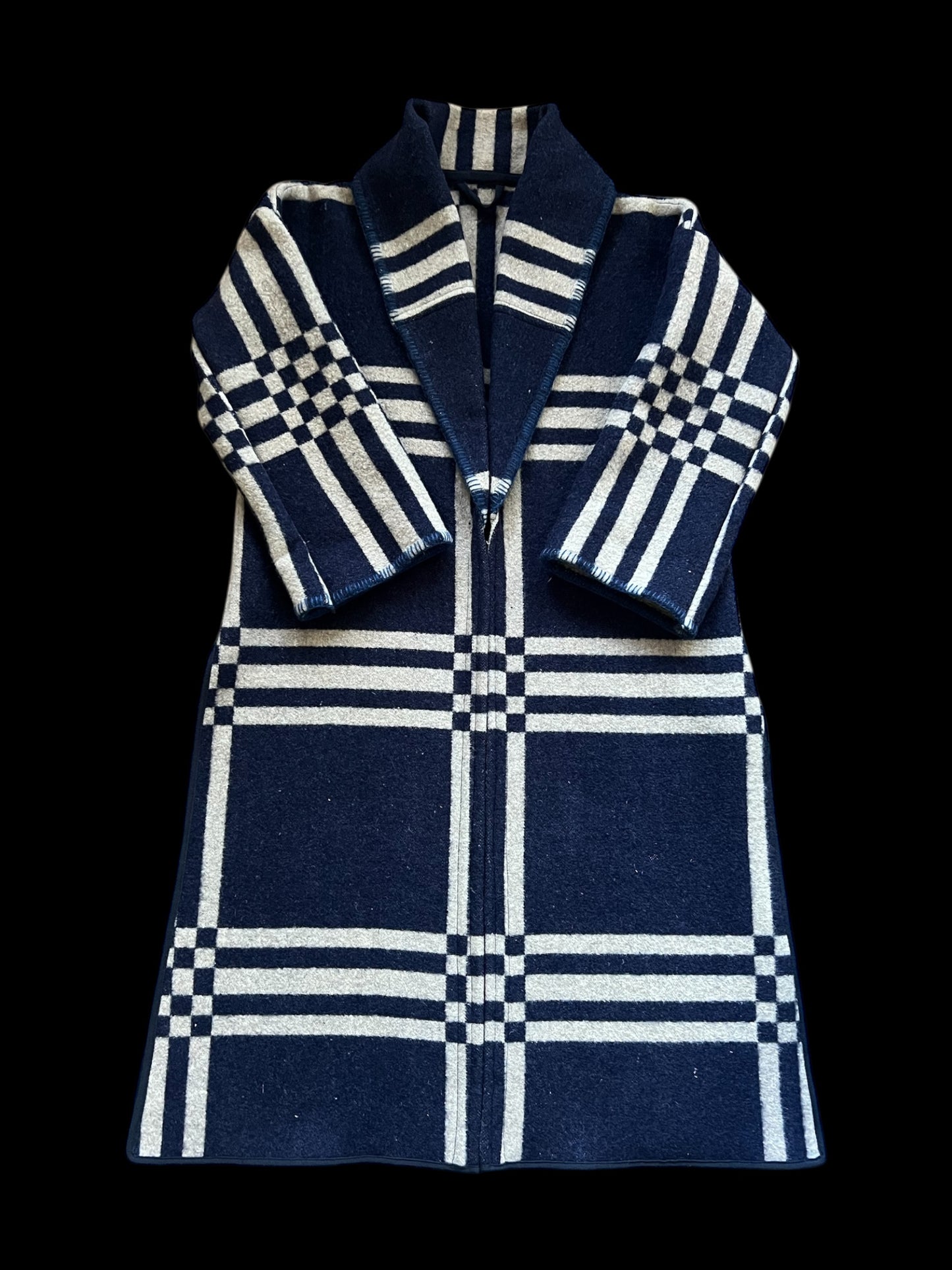 Vintage Blue Checked Blanket Duster Coat
