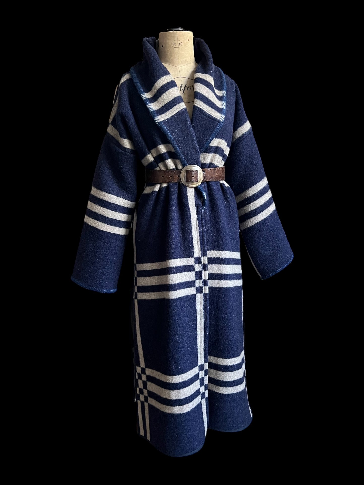 Vintage Blue Checked Blanket Duster Coat