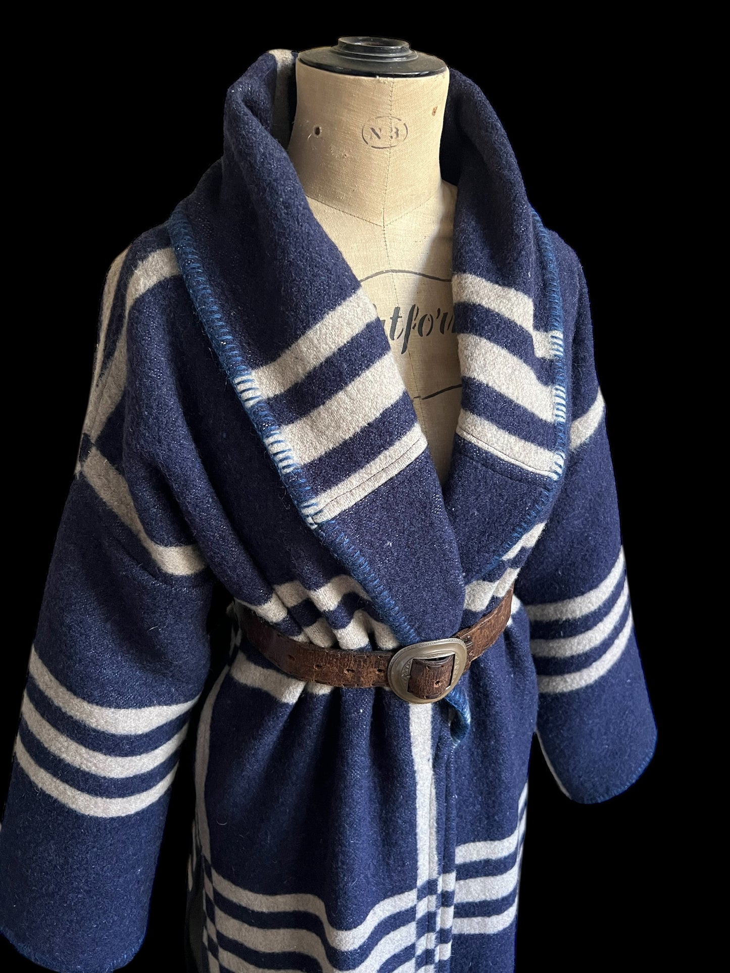 Vintage Blue Checked Blanket Duster Coat