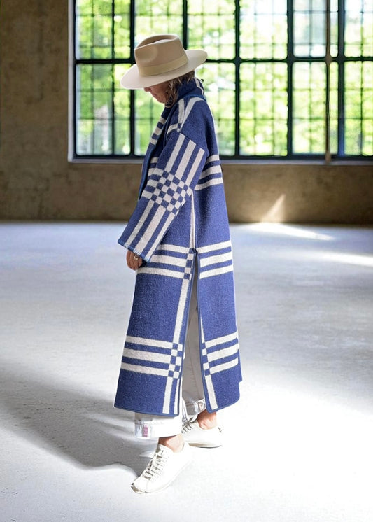 Vintage Blue Checked Blanket Duster Coat