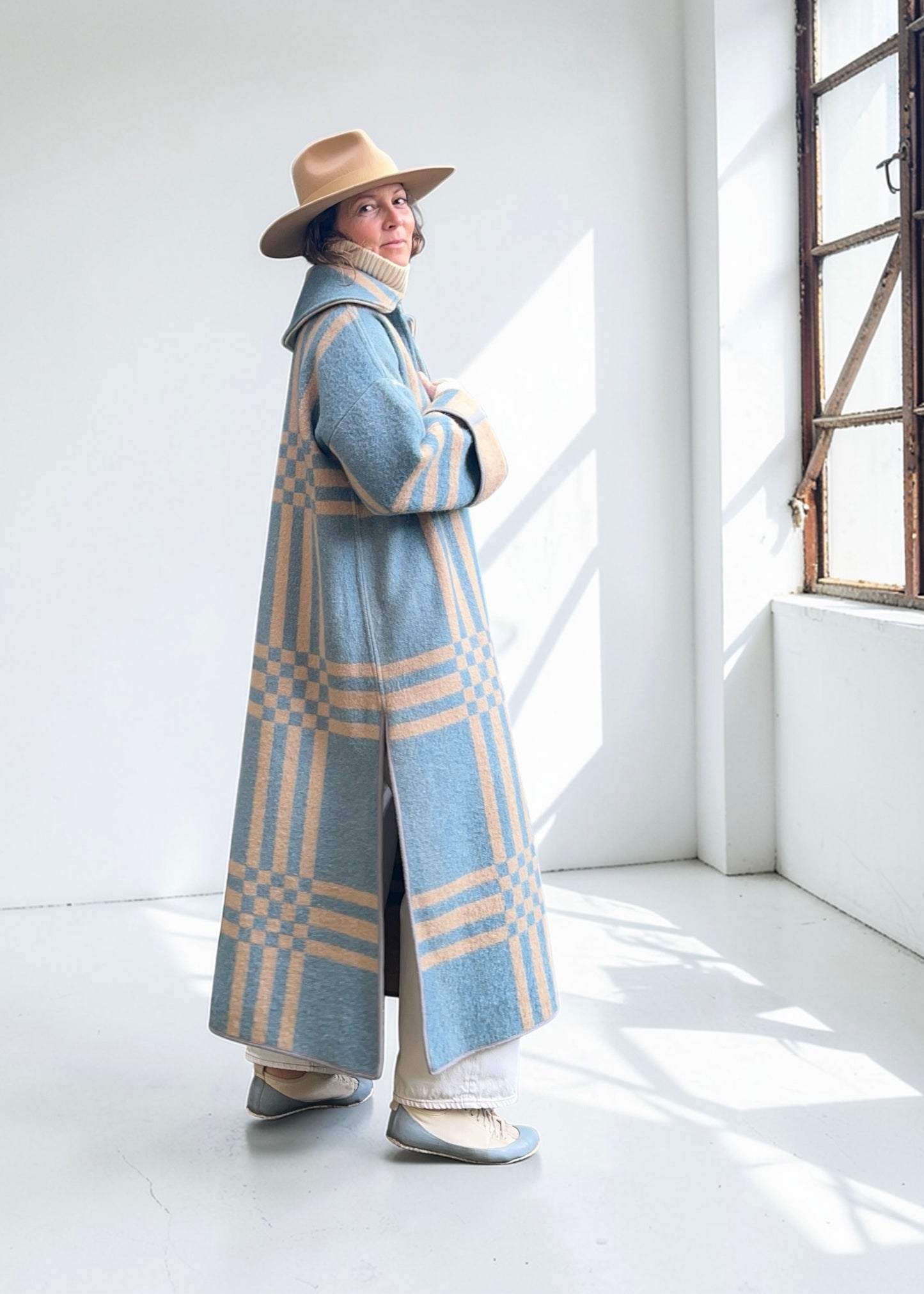 Vintage Light Blue Checked Blanket Duster Coat