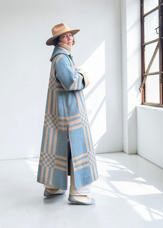 Vintage Light Blue Checked Blanket Duster Coat
