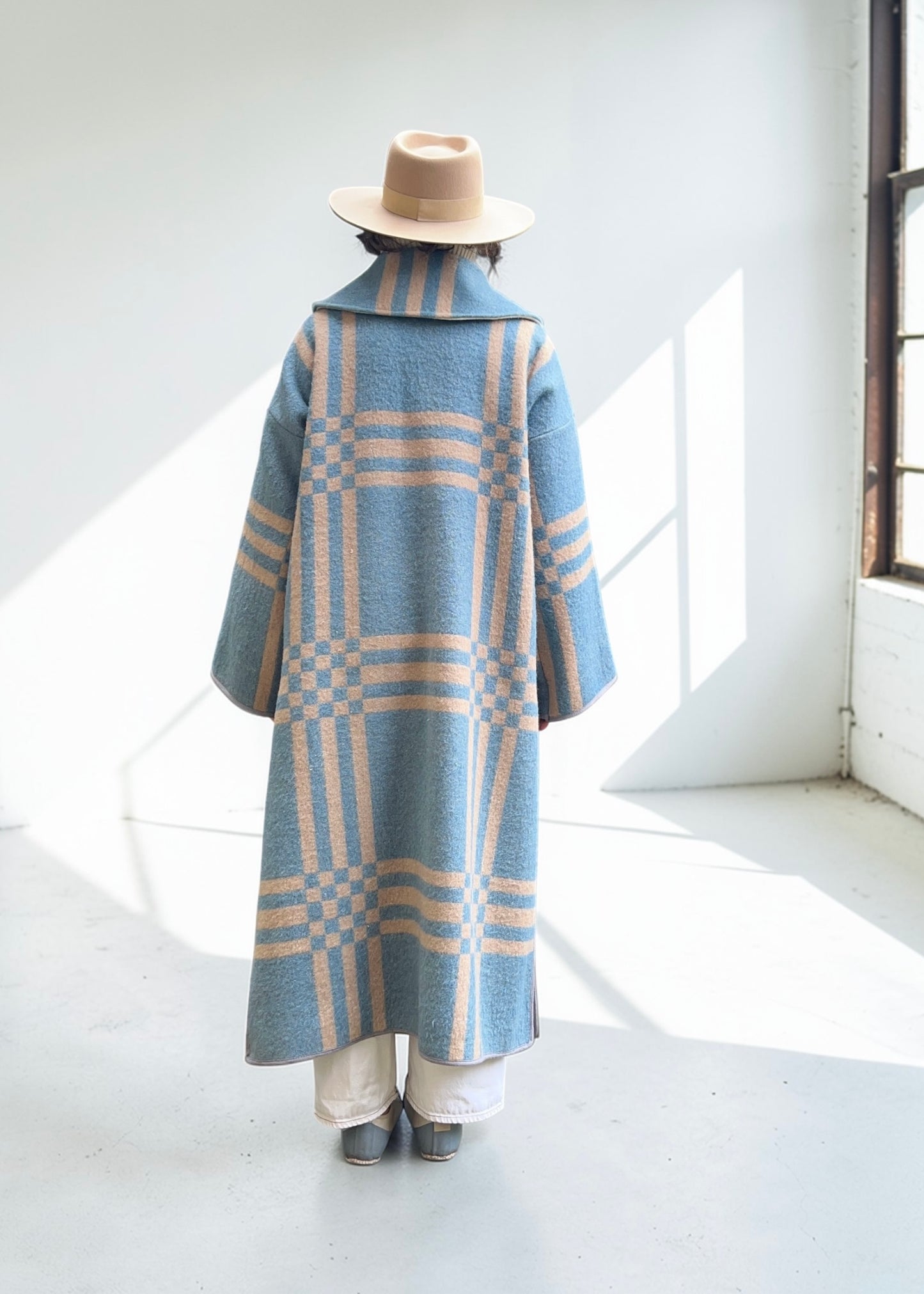 Vintage Light Blue Checked Blanket Duster Coat