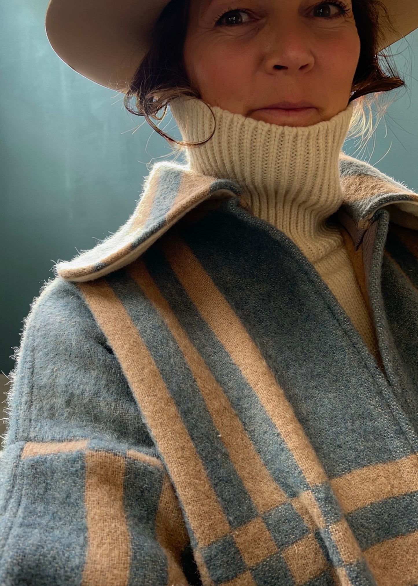 Vintage Light Blue Checked Blanket Duster Coat