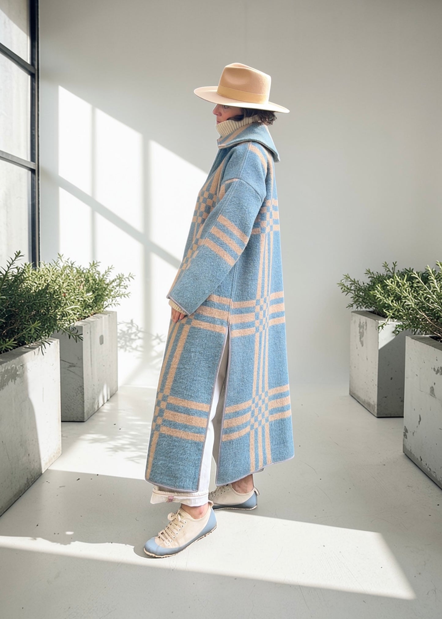 Vintage Light Blue Checked Blanket Duster Coat