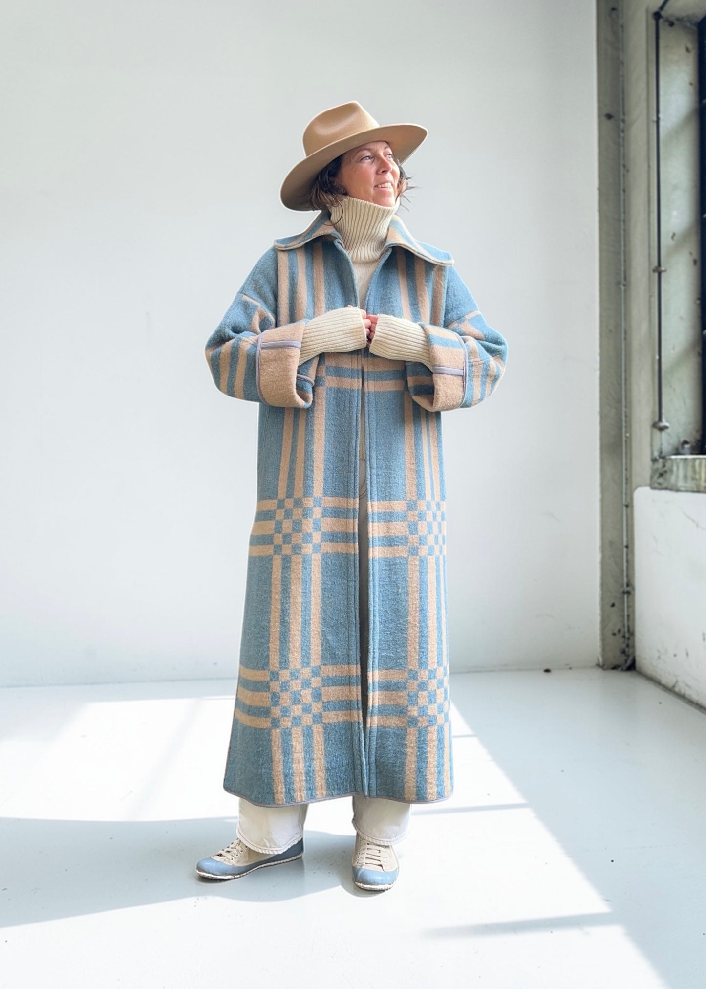 Vintage Light Blue Checked Blanket Duster Coat