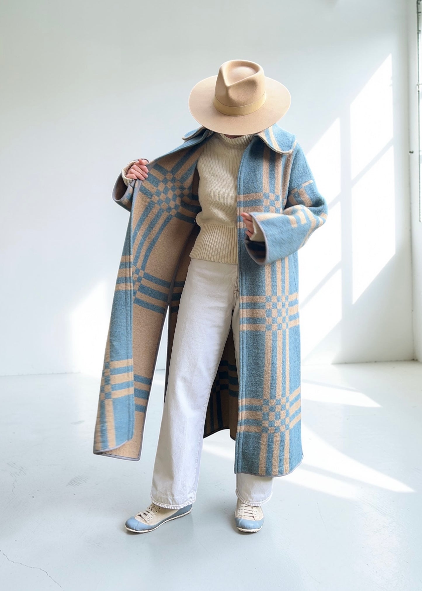 Vintage Light Blue Checked Blanket Duster Coat
