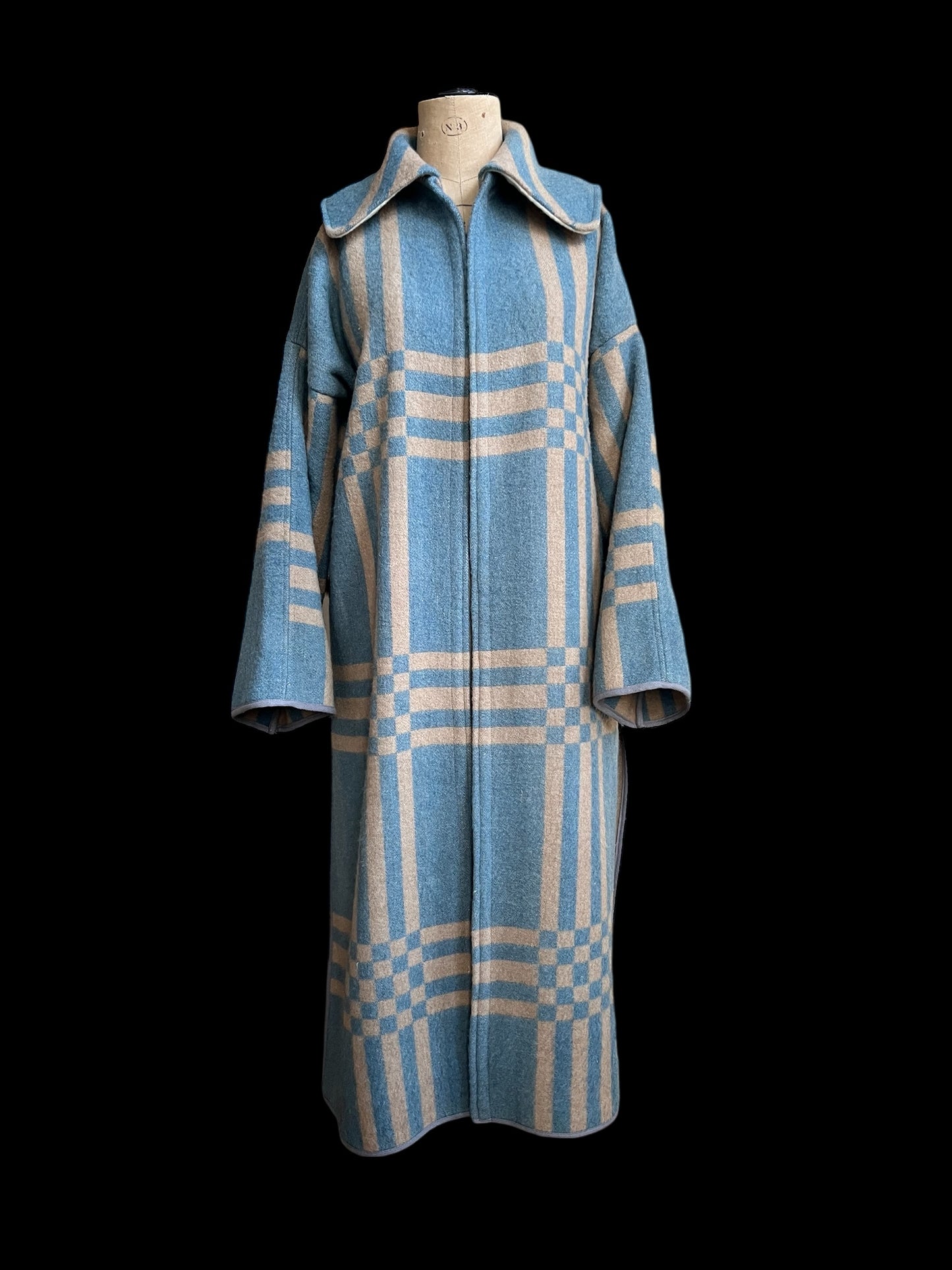 Vintage Light Blue Checked Blanket Duster Coat