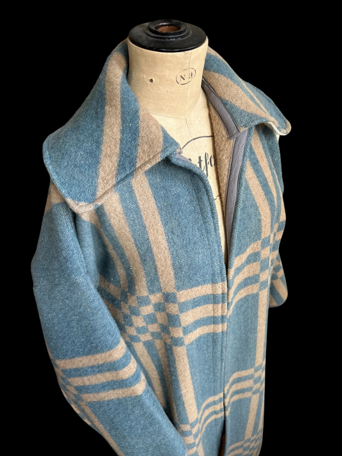 Vintage Light Blue Checked Blanket Duster Coat