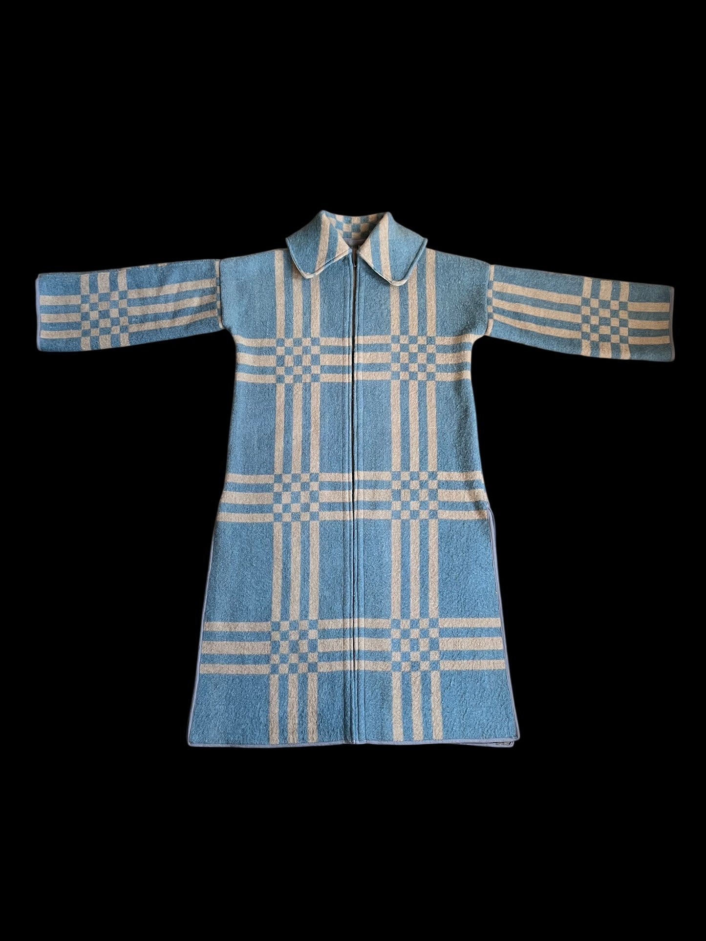 Vintage Light Blue Checked Blanket Duster Coat