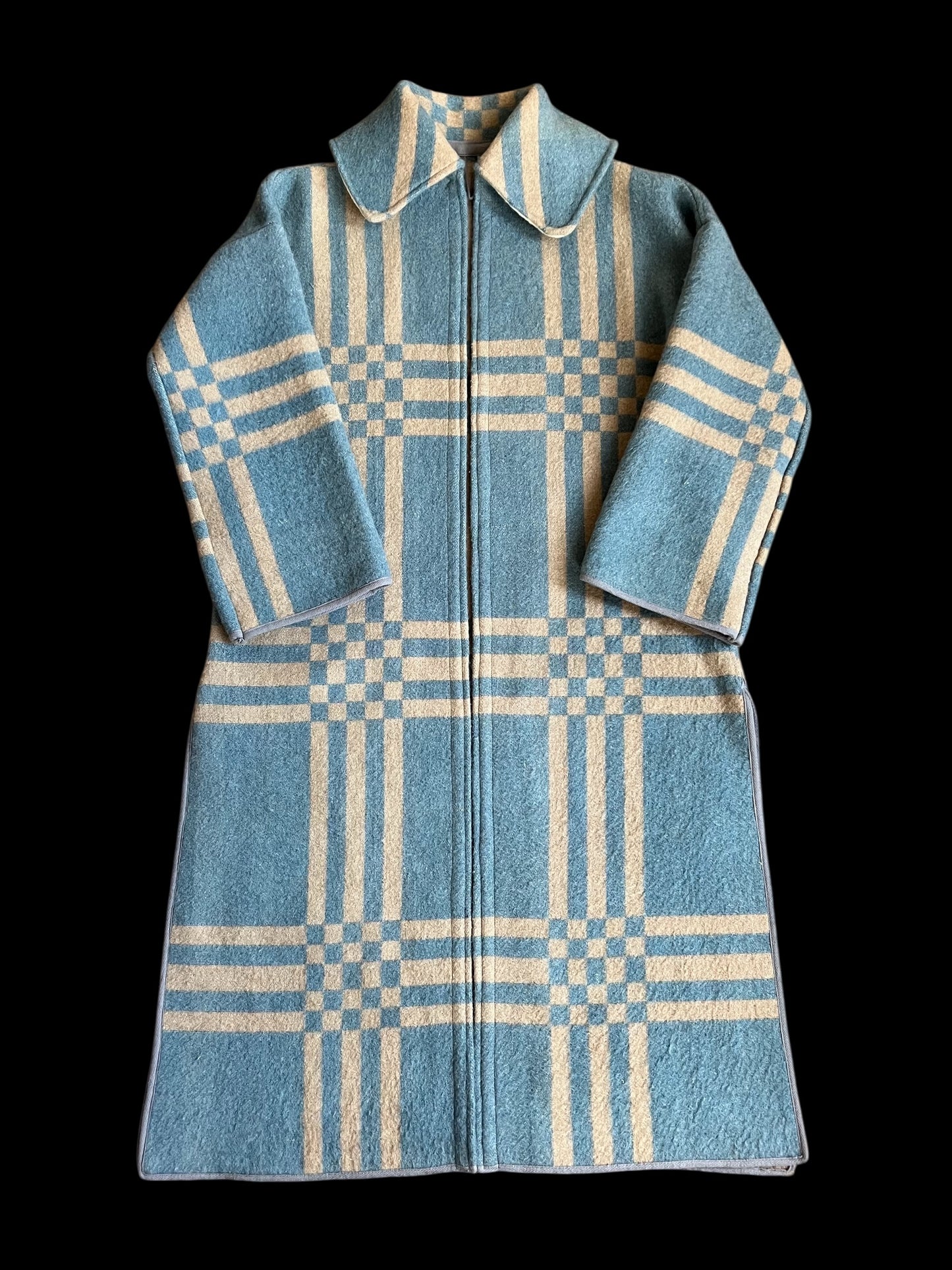 Vintage Light Blue Checked Blanket Duster Coat