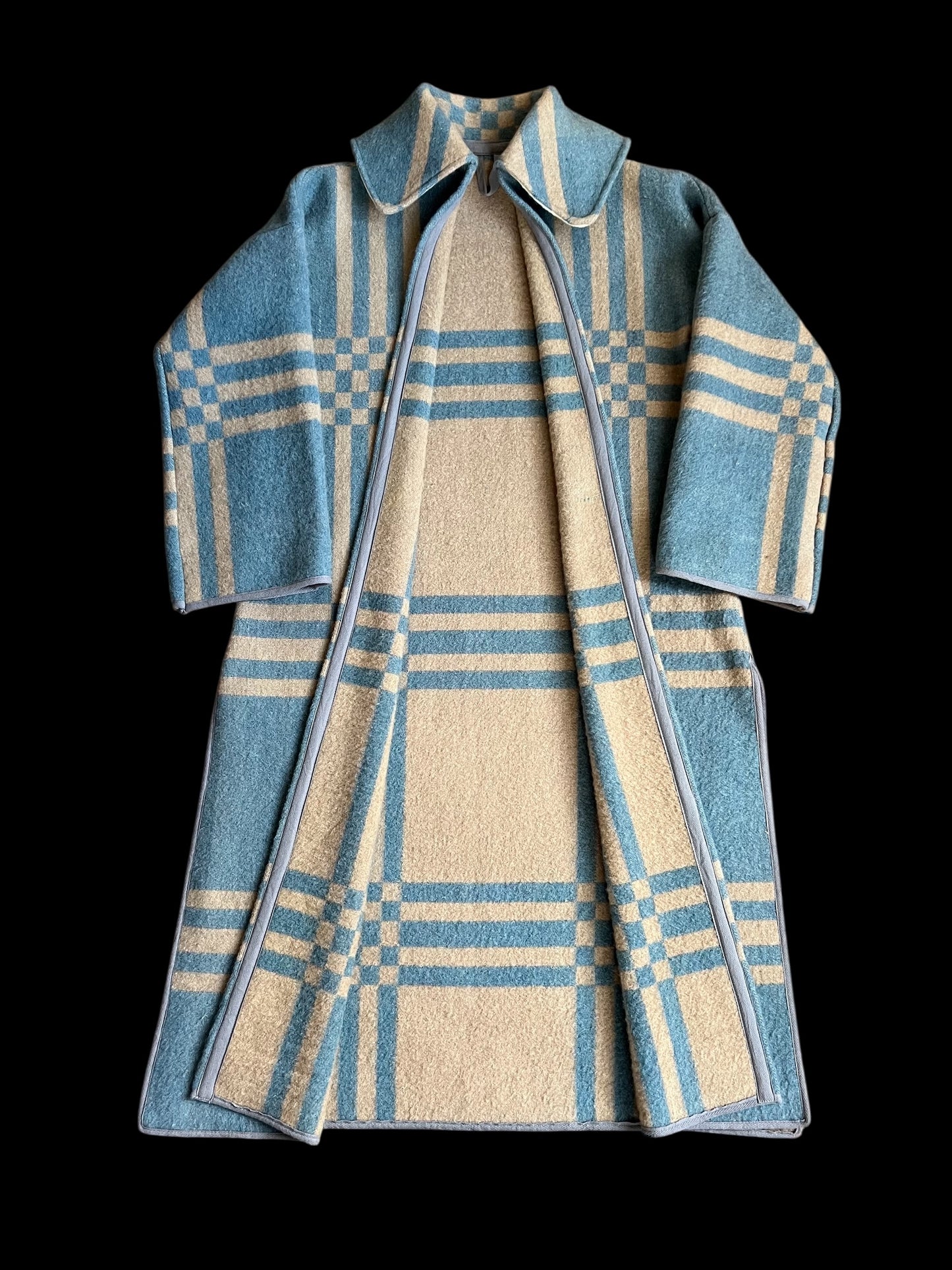 Vintage Light Blue Checked Blanket Duster Coat