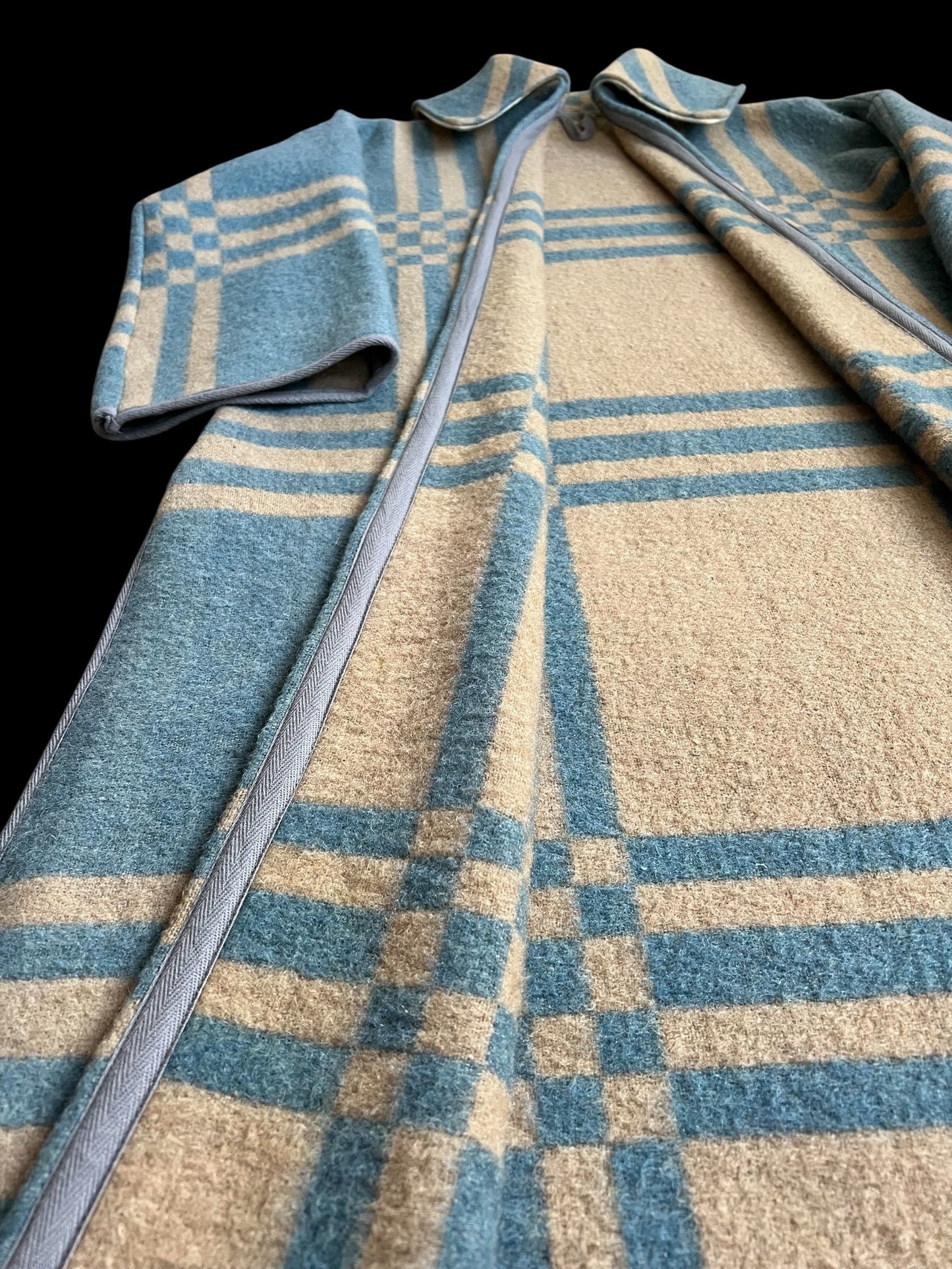 Vintage Light Blue Checked Blanket Duster Coat