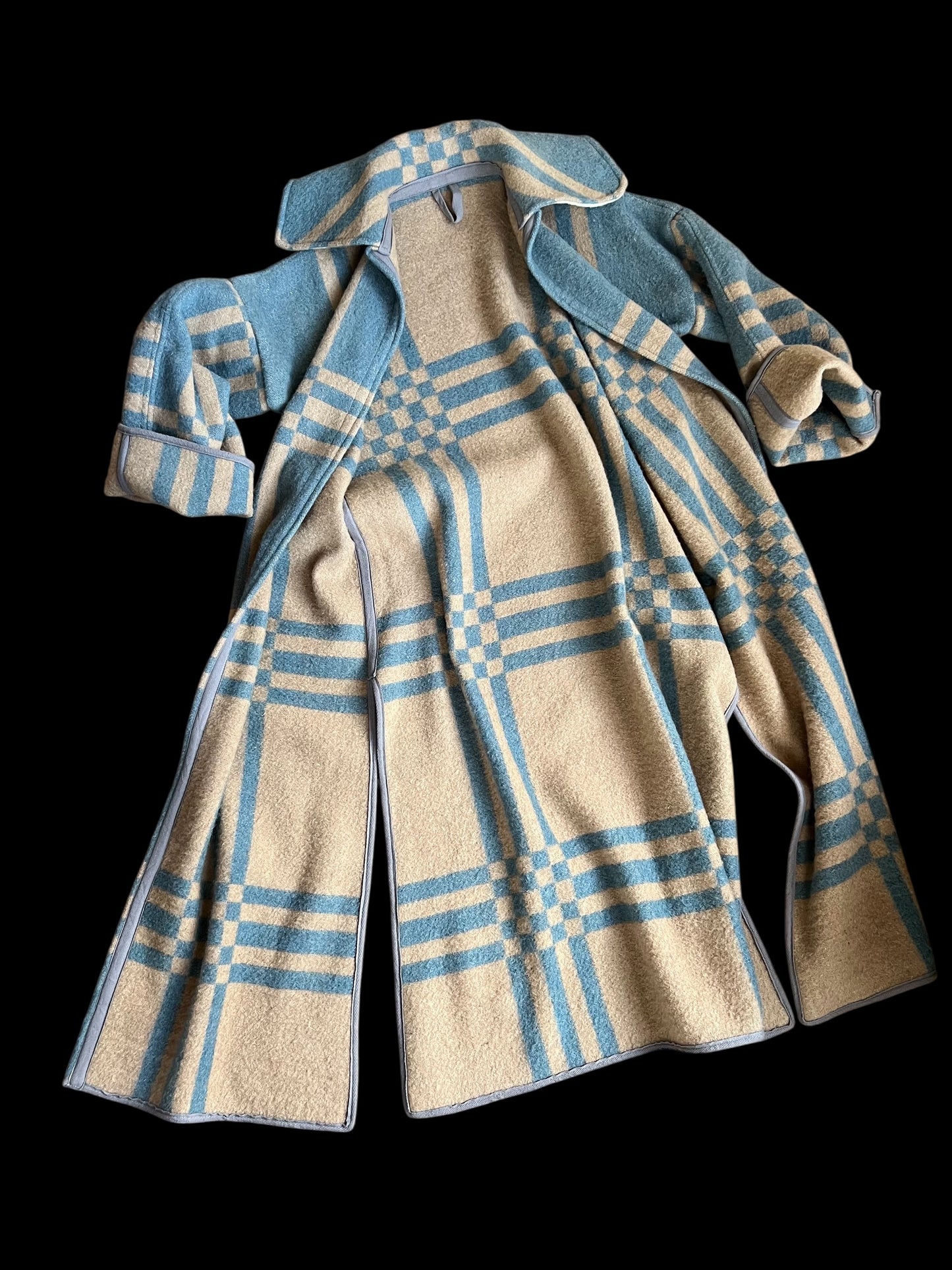 Vintage Light Blue Checked Blanket Duster Coat